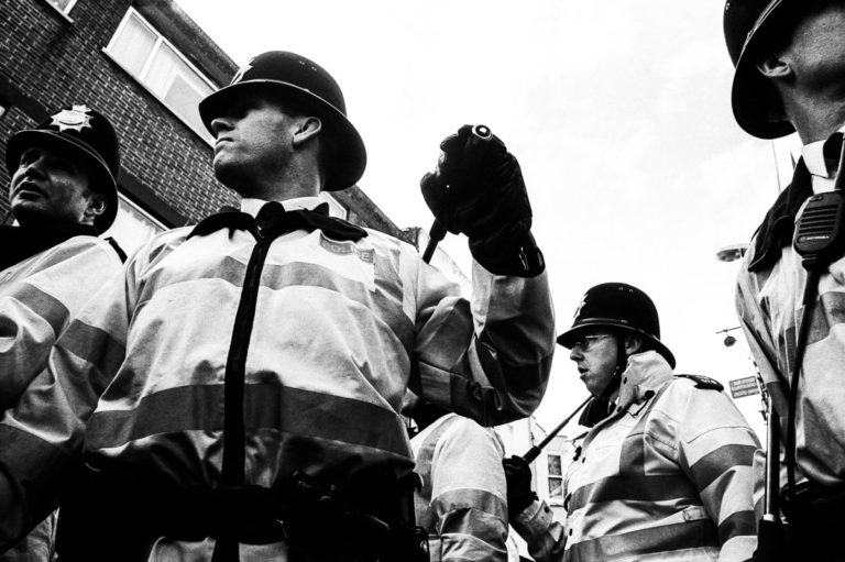 Following a day of action by thousands of local schoolchildren, who had walked out of their classrooms in protest against the Iraq War, the police were out in force in the centre of Brighton (2003). Image © Thaddeus Pope