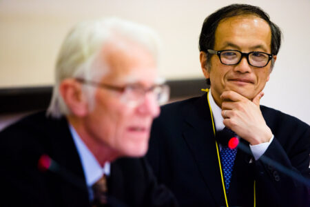 Professor Arthur J.A.A. Stockwin from the University of Oxford, UK (left) and Jun Arima, Director General of JETRO London (right) discuss the emerging defence and international relations posture of Japan and the effects that the change in Tokyo's outlook will have on the Asia-Pacific region at The European Conference on the Social Sciences (ECSS) in Brighton, UK. Professor Arthur J.A.A. Stockwin from the University of Oxford, UK (left) and Jun Arima, Director General of JETRO London (right) discuss the emerging defence and international relations posture of Japan and the effects that the change in Tokyo's outlook will have on the Asia-Pacific region at The European Conference on the Social Sciences (ECSS) in Brighton, UK.