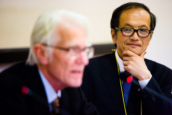 Professor Arthur J.A.A. Stockwin from the University of Oxford, UK (left) and Jun Arima, Director General of JETRO London (right) discuss the emerging defence and international relations posture of Japan and the effects that the change in Tokyo's outlook will have on the Asia-Pacific region at The European Conference on the Social Sciences (ECSS) in Brighton, UK. Professor Arthur J.A.A. Stockwin from the University of Oxford, UK (left) and Jun Arima, Director General of JETRO London (right) discuss the emerging defence and international relations posture of Japan and the effects that the change in Tokyo's outlook will have on the Asia-Pacific region at The European Conference on the Social Sciences (ECSS) in Brighton, UK.