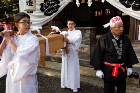Final preparations are made at Toba Shinmeisha Shrine for the ritual purification of misogi. Preparations are made at Toba Shinmeisha Shrine for the ritual purification of misogi