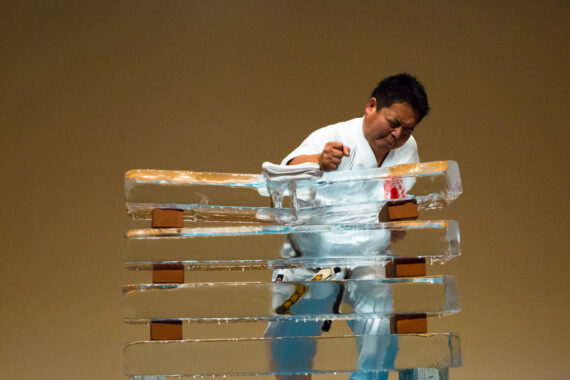 Sensei Hiroshi Nishioka, 5th Degree Black Belt Master Instructor of Osaka’s Nishioka Dojo, practices Tameshiwari ice breaking during a karate demonstration in Kobe, Japan.