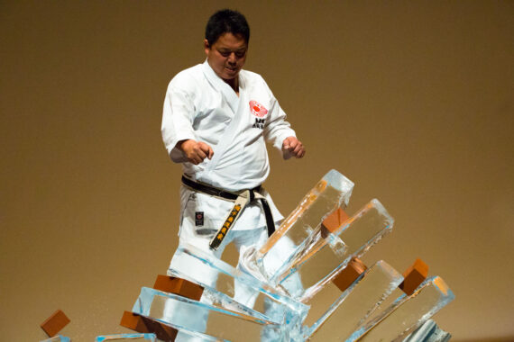 Sensei Hiroshi Nishioka, 5th Degree Black Belt Master Instructor of Osaka’s Nishioka Dojo, practices Tameshiwari ice breaking during a karate demonstration in Kobe, Japan.