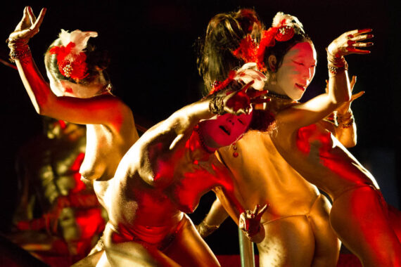 The "GOLDENS" dance troupe, who dance in the Japanese Butoh style, give a performance on the steps of Osu Kannon Temple in Nagoya, Japan.