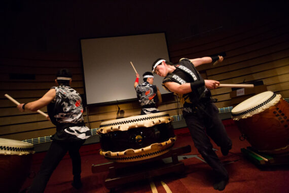 Taiko performance by the award-winning Osaka-based Akutagawa Senior High School Taiko Club, Osaka International Convention Centre, Osaka Prefecture, Japan.
