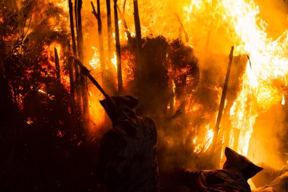 With flames lapping at their faces, the men hurriedly attempt to dismantle the burning bamboo frame of the suzumi.