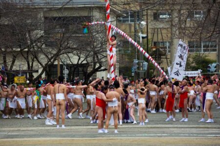 Men attempt to climb the 'naoi-zasa' during the Konomiya Hadaka Matsuri (Konomiya Naked Man Festival) in Inazawa, Aichi Prefecture, Japan. From the series "Konomiya Hadaka Matsuri".