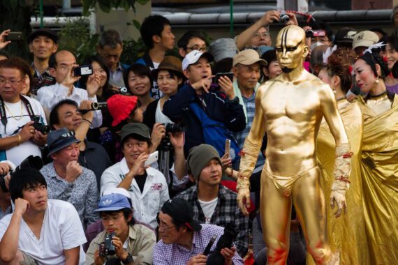 The "GOLDENS" dance troupe, who dance in the Japanese Butoh style, give a performance in Nagoya, Japan.
