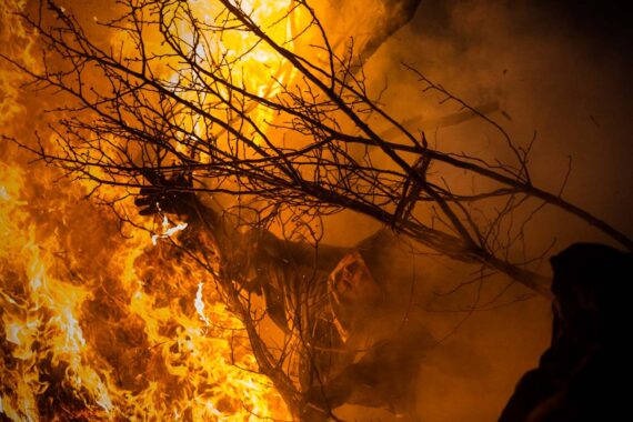 The men pull the burning remains of the holy tree from the suzumi.