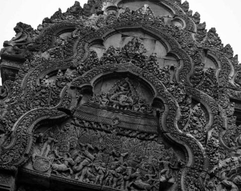 Detailed carvings at Banteay Srei Temple in the Angkor Archaeological Park, near Siem Reap. Detailed carvings at Banteay Srei Temple