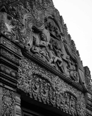 Detailed carvings at Banteay Srei Temple in the Angkor Archaeological Park, near Siem Reap. Detailed carvings at Banteay Srei Temple