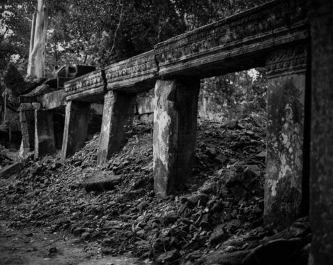 Beng Mealea, Cambodia, 2009.
Located on the ancient royal highway to Preah Khan Kompong Svay (approximately 40km east of the main group of temples at Angkor), Beng Mealea, which means "lotus pond" in Khmer, was constructed in the early 12th century during the reign of king Suryavarman II – the builder of Angkor Wat, the largest religious monument in the world, which he dedicated to the Hindu God Vishnu.