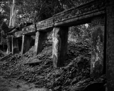 Beng Mealea, Cambodia, 2009.
Located on the ancient royal highway to Preah Khan Kompong Svay (approximately 40km east of the main group of temples at Angkor), Beng Mealea, which means "lotus pond" in Khmer, was constructed in the early 12th century during the reign of king Suryavarman II – the builder of Angkor Wat, the largest religious monument in the world, which he dedicated to the Hindu God Vishnu.